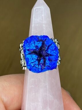 Rare Azurite Ring • Deep Blue Crystal Statement Ring • Adjustable Silver Jewelry